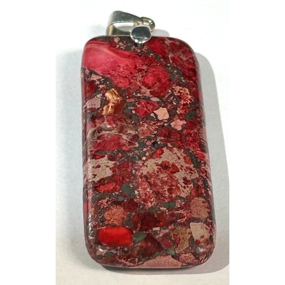 Fuchsia Pink Red Marbled Polished Smooth Stone Pendant Rounded Rectangle 2" - Picture 2 of 8